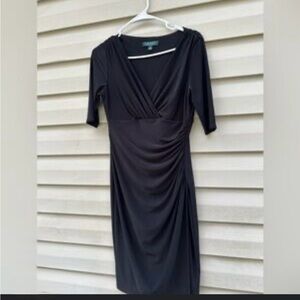 Lauren Ralph Lauren Black Midi Dress Faux Wrap, V-neck, Ruched, Bodycon (6)